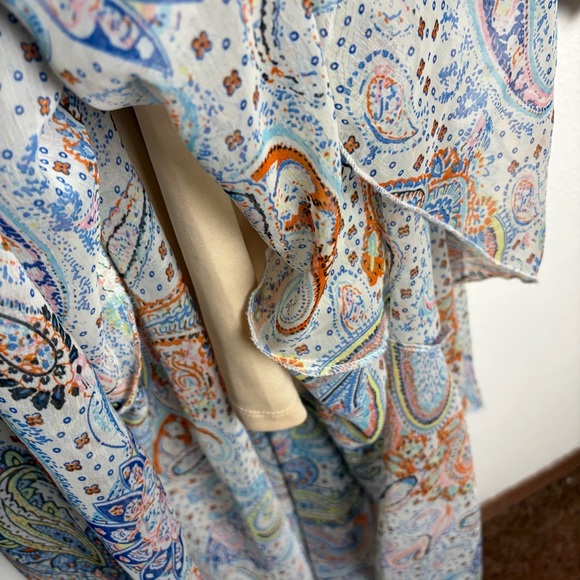 Paisley Maxi Dress blue cream sheer sz L flowy long sleeve whimsy feminine - Picture 8 of 13
